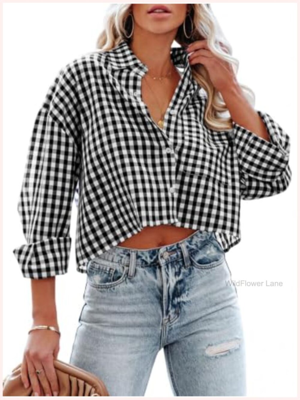 Women's Long Sleeve Button Down Crop Top Plaid Shirt Blouse